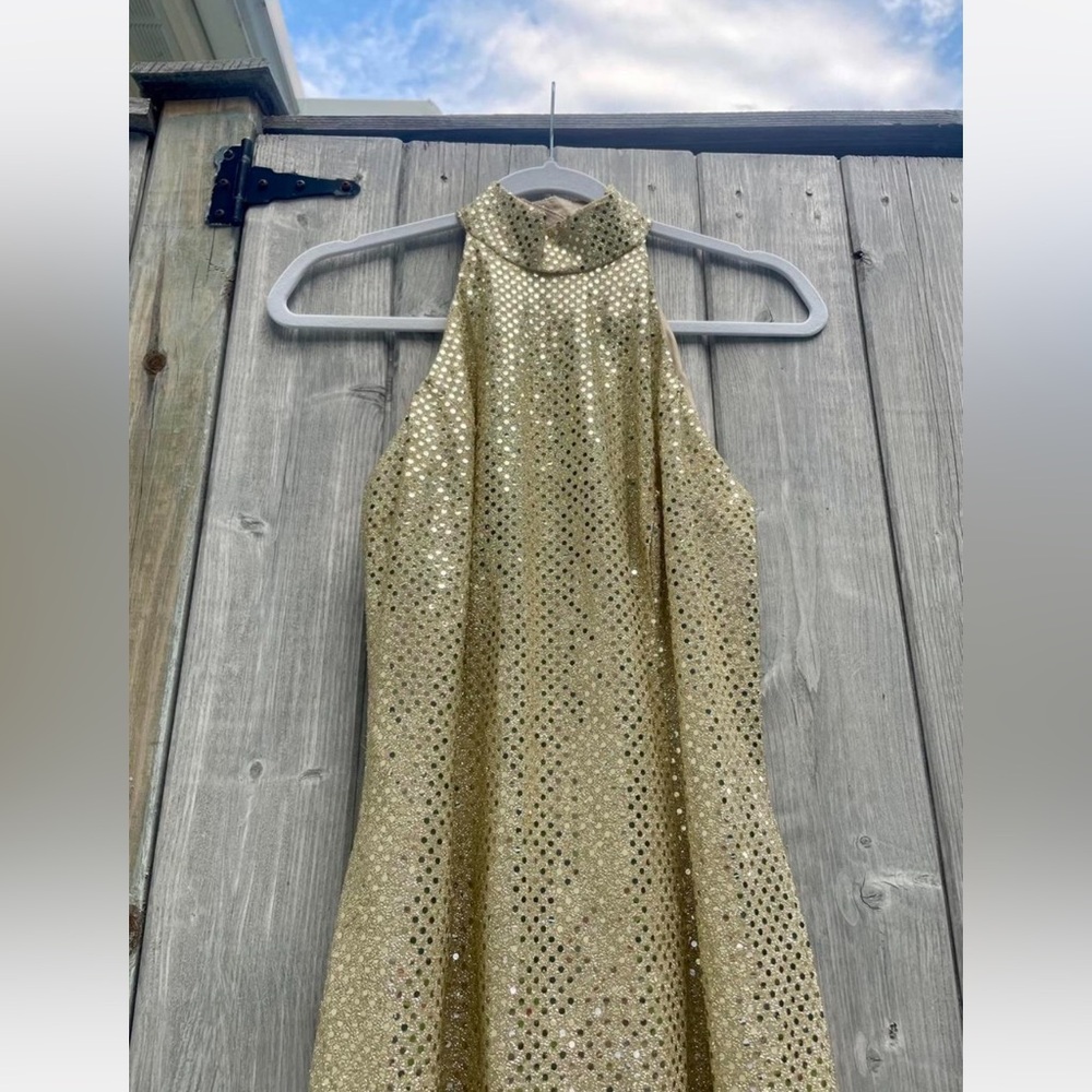 Vintage Y2K Roberta Gold Metallic Sequins Halter Maxi Dress